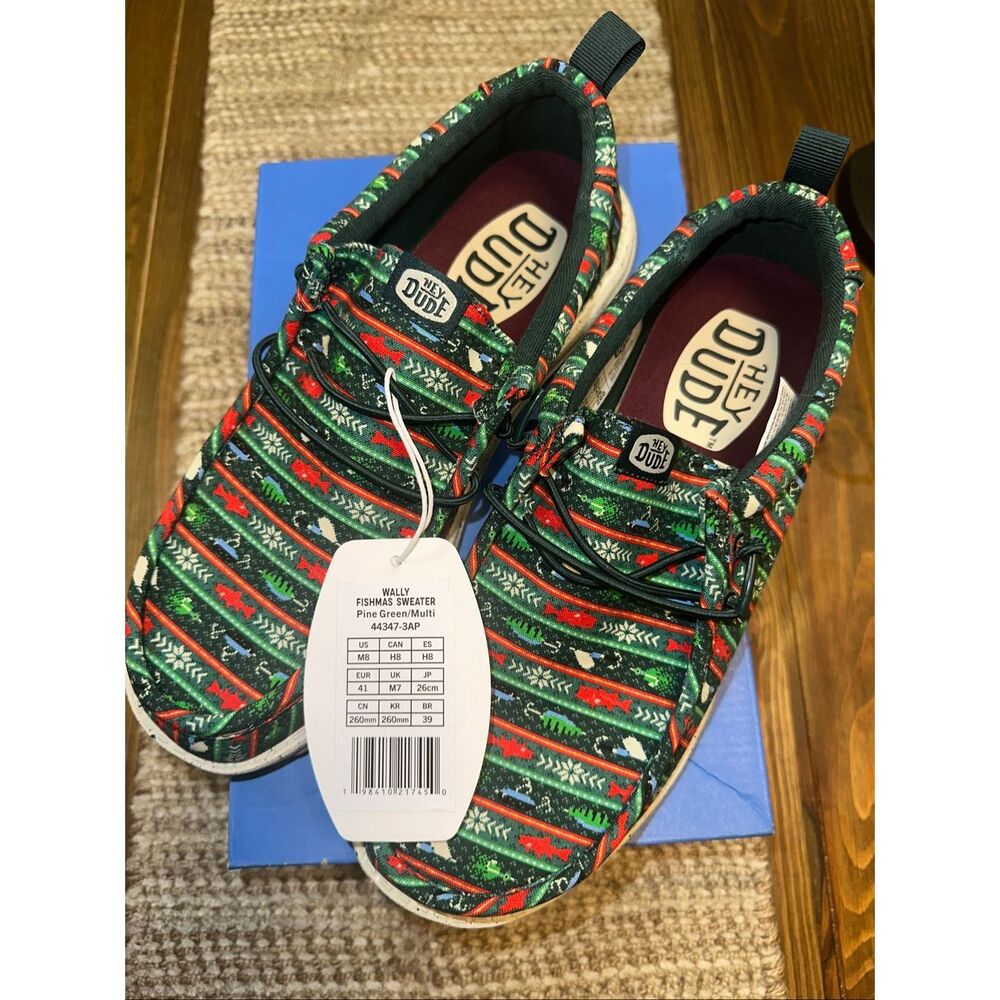 Hey Dude Men's Wally Fishmas Sweater Pine Green/Multi Shoes NIB! 2025 Size 9
